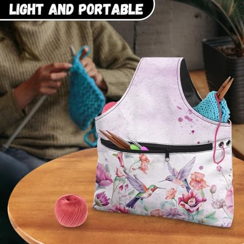 Image of Hummingbird Yarn Bags for Crochrting Organzing Knitting Bag Yarn Storage Shelves Floral Crochet Tote Bag,Large