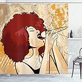 Lunarable Afro Shower Curtain, Popular Singer Karaoke Style Microphone Performance American Woman, Cloth Fabric Bathroom Decor Set with Hooks, 69' W x 70' L, Burgundy Beige Orange