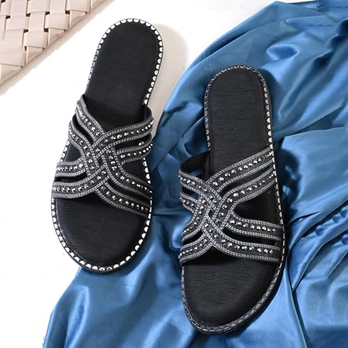 Image of Centrino Women's Beaded Flat Sandals| Open Toe Stylish Slip-On Sandals for Ladies | Metallic Crisscross Straps with Soft Cushioned Footbed for Comfort | Lightweight Casual Fashion Footwear (9305)