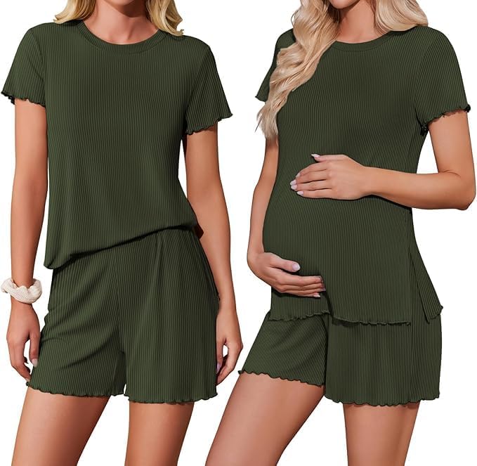 ELESOL Women 2 Piece Maternity Pajamas Set Lightweight Pregnancy Outfit Ribbed Knit Postpartum Loungewear Set with Pocket