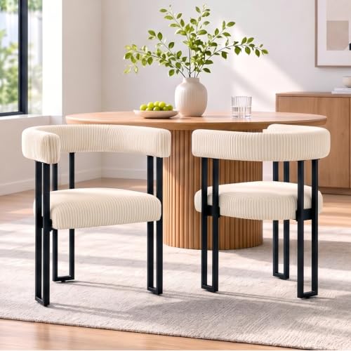 Image of Modern Corduroy Dining Chairs Set of 2 with Metal Legs,Comfy Accent Dining Room Chairs Upholstered Kitchen Side Chairs with Curved Backrest for Dining Room Kitchen Living Room (White,2)