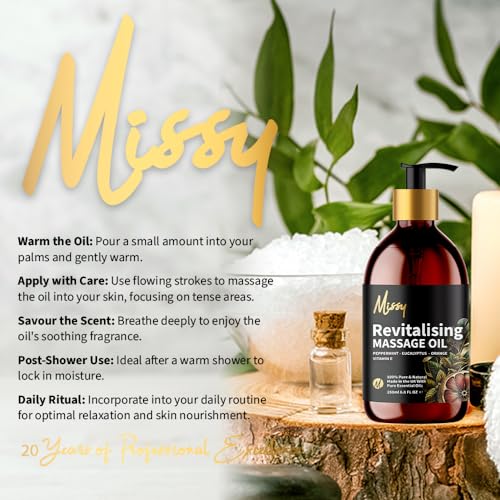 Missy Revitalising Massage Oils for Date Night - Luxurious Blend - Peppermint, Eucalyptus & Orange Essential Oils, Enriched with Vitamin E & Grapeseed Oil, Hydrates & Enhances Skin 250ml Pump Bottle
