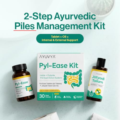 Image of Ayuvya Pyl-Ease Kit Combo | Helps in Shrinking Piles Mass, Reducing Swelling | Helps in Reliveing Pain, Itching & Bleeding | Helps in Easing Constipation & Speeding Up Healing | Pyle-Ease 60 Tablets | Jatyadi Oil 50 ml | Pack of 2