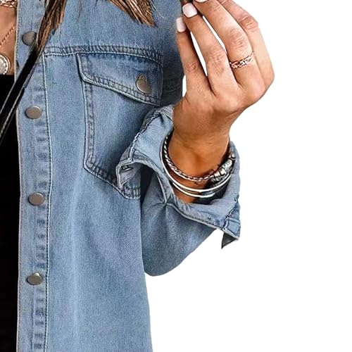 Denim Jackets for Women Trendy Oversized Button Up Frayed Hem Shacket Long Sleeve Denim Jean Jacket3