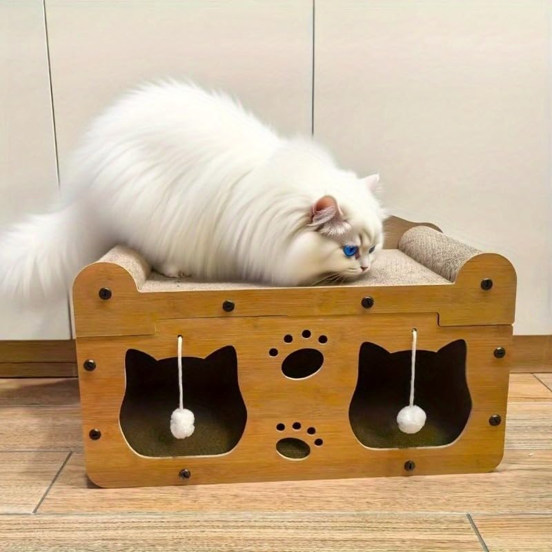 2-in-1 Kratzbaum und gemütliches Katzenbett mit hängendem Ballspielzeug - großes Kartonbett, Katzen-Spielhaus, Langlebiges Katzenspielzeug, lustige Möbelgeschenkidee, Katzenzubehör
