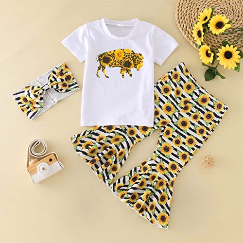 Beziun Camiseta infantil para meninas manga curta com estampa de girassol e desenho animado pulôver