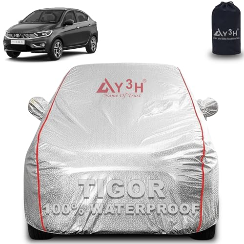 Image of 100% Waterproof Car Cover Compatible with Tata Tigor | All Weather, Dust Proof, UV Protective with Mirror Pocket (Silver Magic)