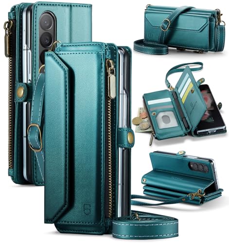 Strapurs Crossbody Wallet Case Compatible with Samsung Galaxy Z Fold 3 with RFID Blocking Card Holder & Pen Holder Slot Soft PU Leather Shoulder Strap Zipper Pocket Purse Fold 3 Phone Case, Blue Green