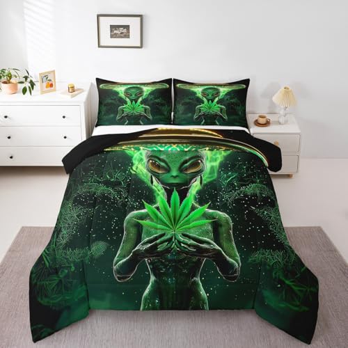 Erosebridal Trippy Alien Comforter Set Queen,Green Marijuana Bedding Set Modern Psychedelic UFO Duvet Insert Abstract Geometric Quilted Comforter for Kids Teens Boys Botanical Home Decorative,3Pcs