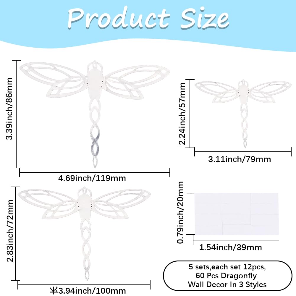 GORGECRAFT 60Pcs 3 Sizes Dragonfly Wall Decor Silver Paper 3D Dragonflies Garden Art Mural Wall Stickers Indoor Outdoor Fence Hanging Decorations for Nursery Home Living Room Flowers Cake Party Window - Image 2