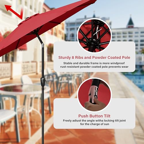 InfiniPower 9FT Outdoor Patio Umbrella with 8 Ribs, Table Umbrellas with Push Button Tilt/Crank, UV Protection Waterproof for Garden Deck Backyard Pool, Red