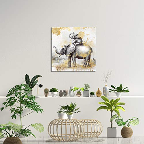 Skenoart Elephant Wall Art Nursery Gold Gray Canvas Paintings Animal Pictures Prints Family Kids Artwork Baby Gifts Home Bathroom Bedroom Wall Decoration Framed Ready To Hang #TOP1