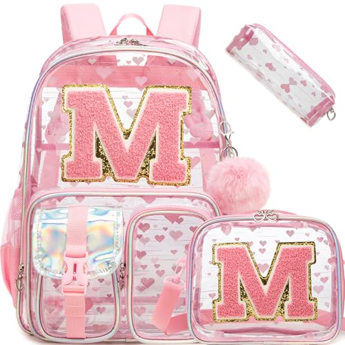 HTgroce Pink Monogram M Heavy duty Clear Backpack Kids Transparent Backpacks for School Girls Elementary Bookbag Stadium Concert College Approved See-Through Bag for Teens and Women