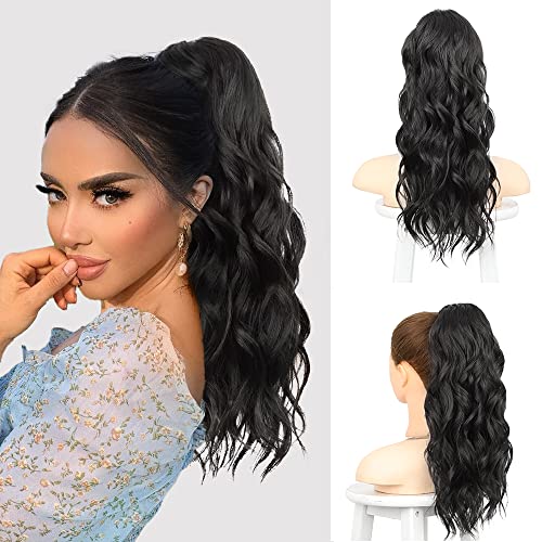 Isaic Black Ponytail Extension Wavy Wrap Around Pony Tails Hair Extensions for Women Synthetic Hairpiece Heat Resistant Fiber 20 Inch(black)