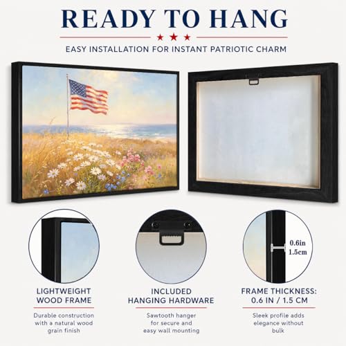 Image of American Flag Framed Canvas Wall Art, 4th of July Floral Canvas Prints, Wildflower Landscape Patriotic Decorations, Vintage Rustic Independence Day Wall Decor for Bedroom Living Room Office 11x14