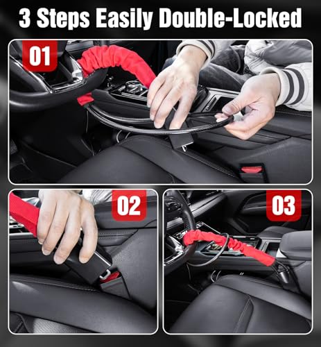 Steering Wheel Lock 2 Pack Steering Wheel & Seat Belt Lock Anti Theft Car Device 17 Inch Adjustable Universal Lightweight Compact Design Easy Storage Security Lock Fit Most Cars SUVs Trucks Vans - Thumbnail 5