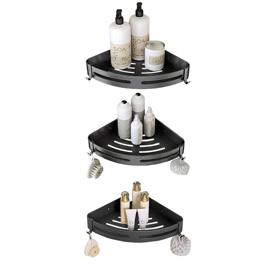 Cesta de ducha sin taladrar de aluminio negro con 3 niveles y ganchos para baño