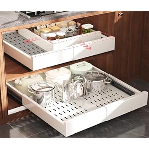 2 Pack Pull Out Cabinet Organizer Expandable Width(13″-21″) and Depth(17″-24″), Slide Out Drawers With Raising Pad for Framed Cabinets, No Drill Roll Out Shelves for kitchen, Bathroom, White