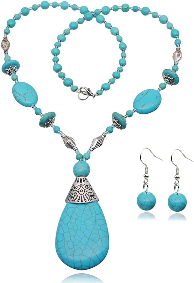 Bluegoog3 Pieces Bohemian Turquoise Necklace for Women Western Jewelry Boho Turquoise Necklace Set Turquoise Pendant Long Choker Vintage Turquoise Alloy Dangle Earrings Turquoise Layered Bracelets