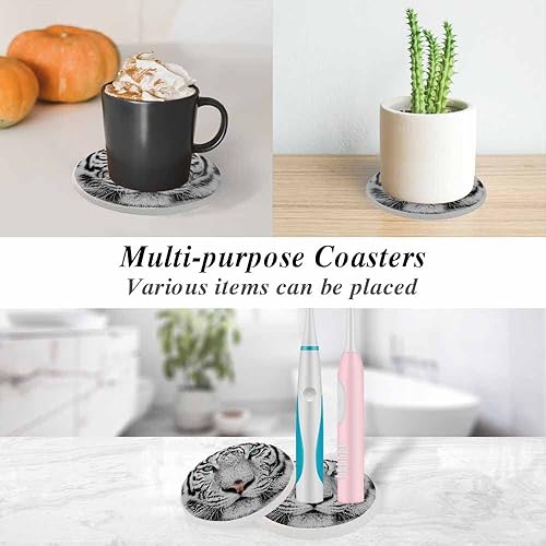 Miniatura 6 de oFloral Juego de 2 posavasos de tigre blanco para bebidas, diseño de animales salvajes, ojos esmeralda, con mirada afilada, para decoración del