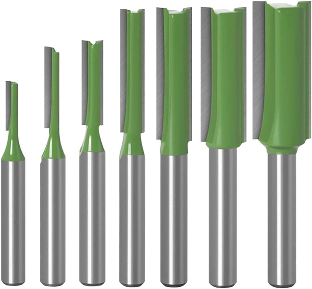 Serplex® 7PCS 1/4" Shank Tungsten Carbide Double&Single Flute Straight Dado Router Drill Bit Set Carpenter Tools For Wood Work, 3/4/5/6/8/10/12mm Cutting Diameter Trimming Cutter for Woodworking