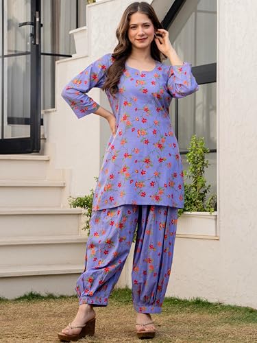 Image of rytras Women Pure Cotton Printed Straight Kurta Set with Palazzo Pants - Ethnic Wear