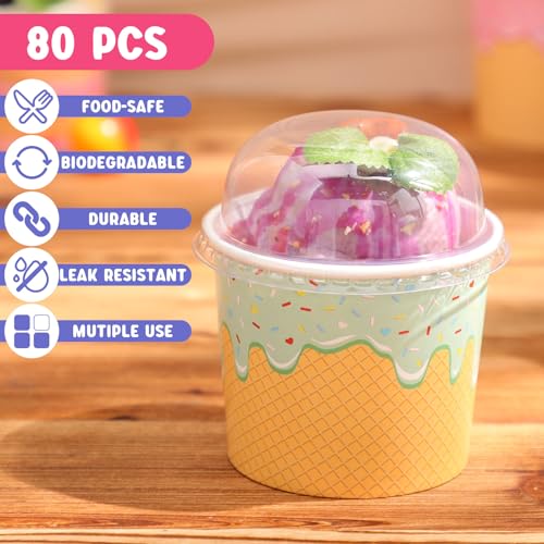 Image of Jingmore 40 Count Paper Ice Cream Cups with Clear Dome Lids Disposable Dessert Cups Bulk Dessert Bowls Sundae Containers for Snack Yogurt Soup Birthday Ice Cream Party Supplies (6 oz)