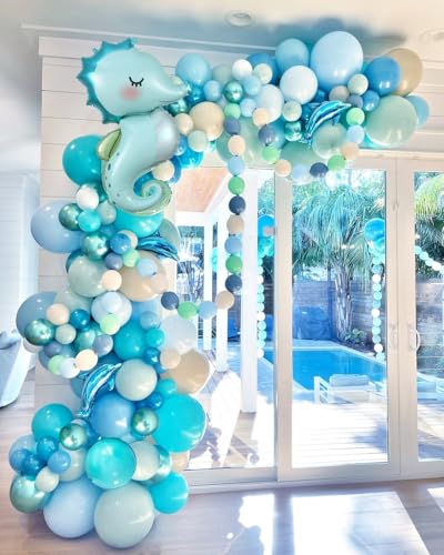 Image of Under the Sea Party Decorations, 154pcs Ocean Blue Balloon Garland Arch Kit, Blue Bubble Balloons with Dolphin Shark Hippocampus Foil Balloon for Ocean Birthday Party Supplies Shark Party Decor
