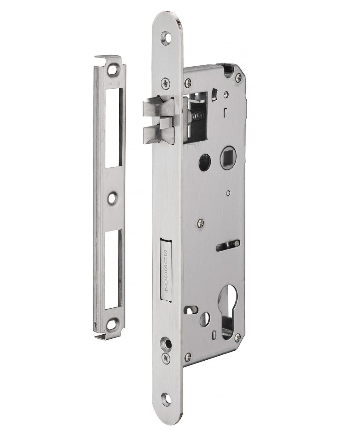 INTELOCK - Serrure Encastrable avec Trou Cylindre pour Porte d'Entrée - Inox - Axe 50 mm - Entr'Axes 70 mm - Carré 8 mm - Réversible - Bouts Ronds - Gris