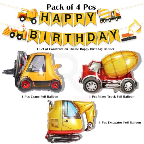 Image of Rozi Decoration Construction Theme Birthday Decoration Set - Truck, Excavator & Mixer Foil Balloons with Happy Birthday Banner for Kids Party Supplies Set of 4 Pcs