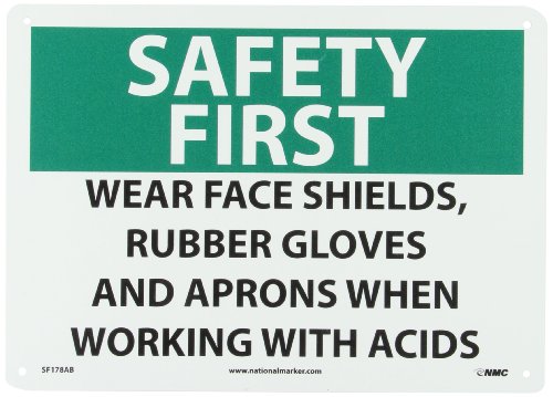 Letrero OSHA para prevenir accidentes con ácidos mediante pantallas y guantes de goma