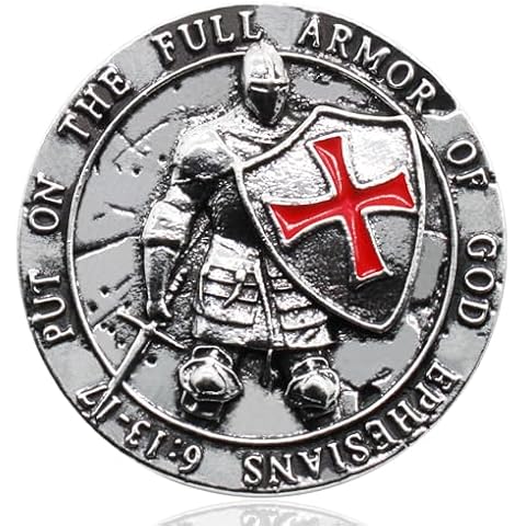 Knights Templar Ephesians 6:13-17 Red Cross Design Round Brooch, Alloy, Gold-Plated and Silver-Plated (Silver) Cover