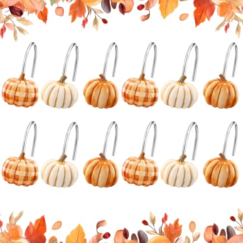 Colingmill Set of 12 Pumpkin Shower Curtain Hooks for Fall Bathroom Decor Metal Rustproof Farmhouse Plaid Autumn Pumpkin Decorative Shower Curtain Hooks Rings for Thanksgiving Bathroom Decor