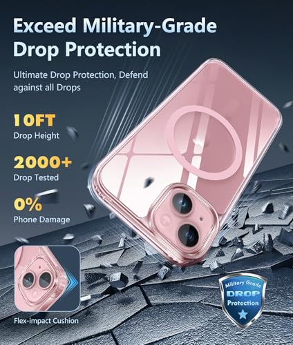 Image of FNTCASE for iPhone 15 Case Clear: iPhone 14 /13 Case Magnetic Phone Cases Compatible with Magsafe Slim Anti Yellowing Military Grade Drop Protection Rugged Protective Transparent Cover (C-A Pink)