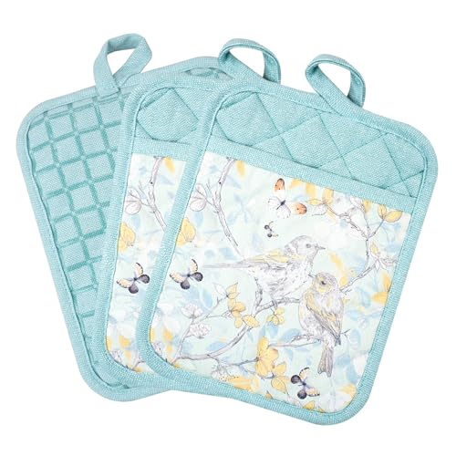 Pot Holders Set of 3 Silicone Printing Non Slip Heat Resistant, Yarm-Dyed Hot Pads Cotton Home Kitchen Cooking Barbecue Microwave Women Men Machine Washable BBQ Grilling. (Light Blue Potholders)