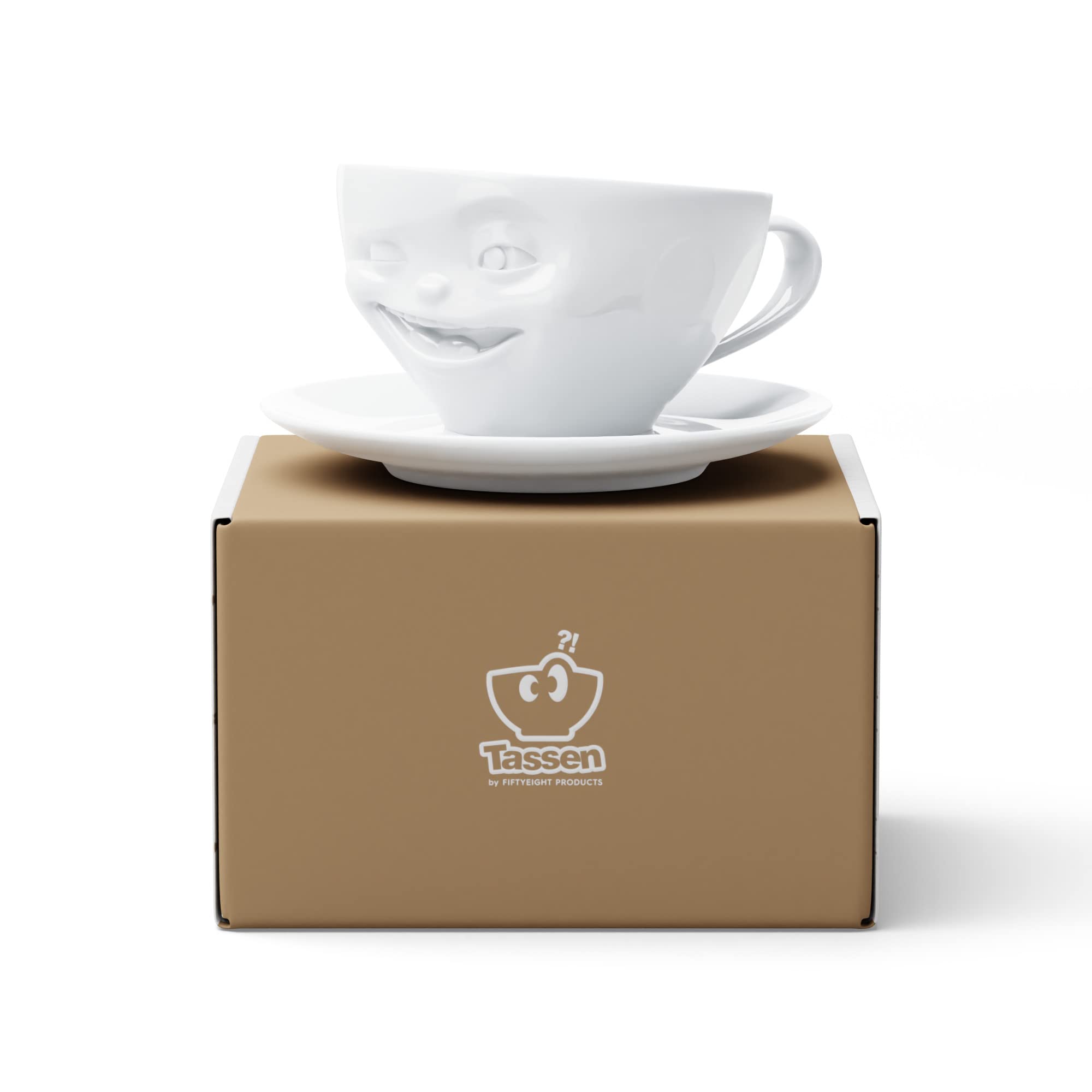 FIFTYEIGHT PRODUCTS / Kaffeetasse mit Unterteiler „Zwinkernd“ (Porzellan, 200 ml, weiß, Made in Germany)