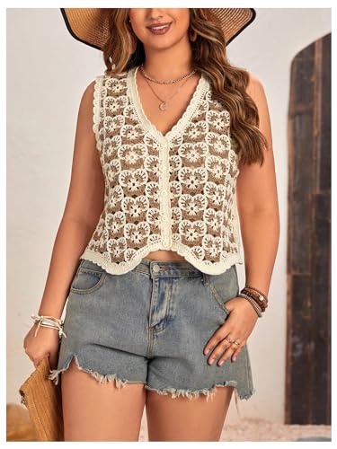 Image of Verdusa Women's Sweater Vest Button Front V Neck Sleeveless Crochet Plaid Checkered Knit Sweater Vest