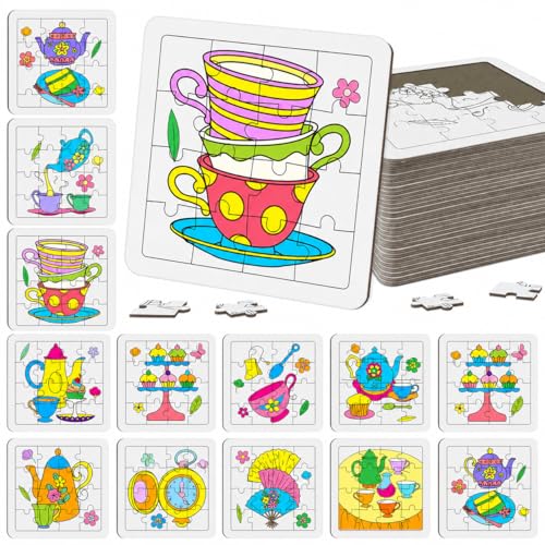 Cinrobiye 24 Pcs Tea Party Coloring Jigsaw Craft Kit for Kids DIY Floral Teapot Activity Set Bulk with 12 Designs Afternoon Tea Birthday Favors Classroom Art Projects