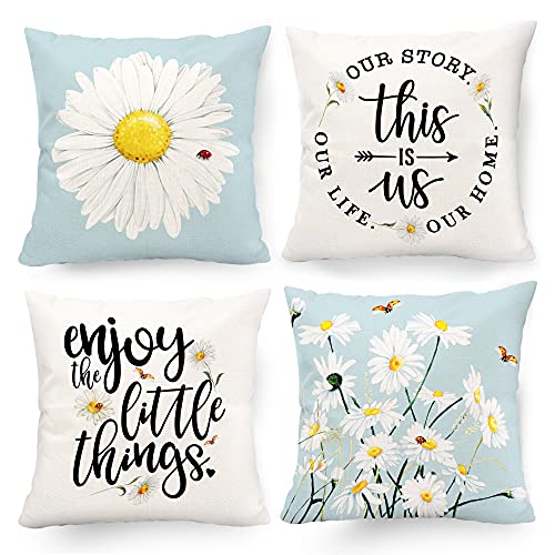 Hexagram Spring Summer Pillow Covers 18x18 Set of 4, Floral Daisy...