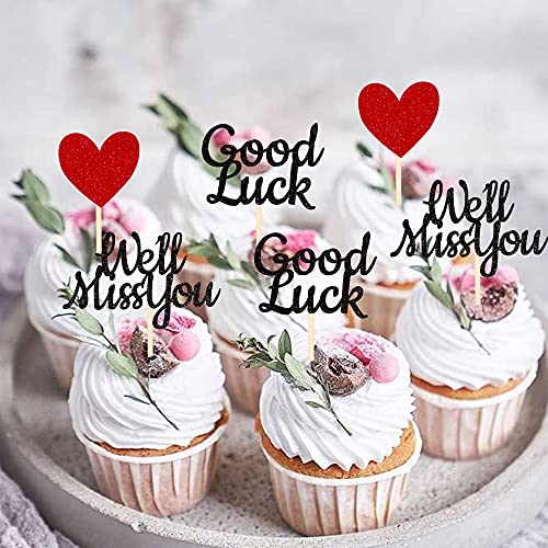 24 Pack We Will Miss You Cupcake Toppers Glitter Red Love Heart Good Luck Cupcake Picks Retirement Theme Going Away Party Cake Decorations #TOP3
