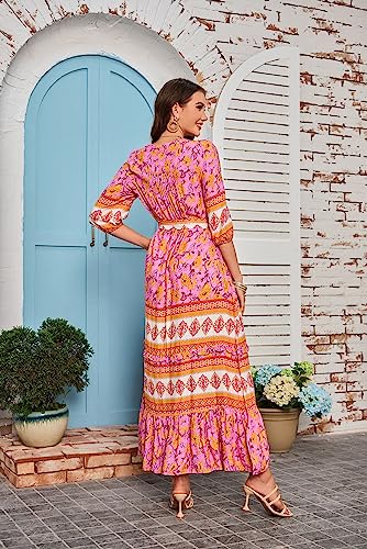 Image of Women Boho High-Waist Floral Print Maxi Dress 3 /4 Sleeve Casual | Soft Rayon, Breathable, Quick-Dry. High-Waist with Adjustable Belt, Flattering Hem. Ideal for Beach, Work & Dating.