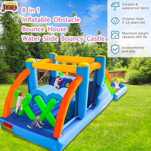 RETRO JUMP Bounce House,8 in 1 Inflatable Obstacle Course Bounce House,Inflatable Water Slide,Waterslide Park with Climbing Wall,Large Splash Pool,Obstacles,Sprinkles,Bouncy Castle Water Slide
