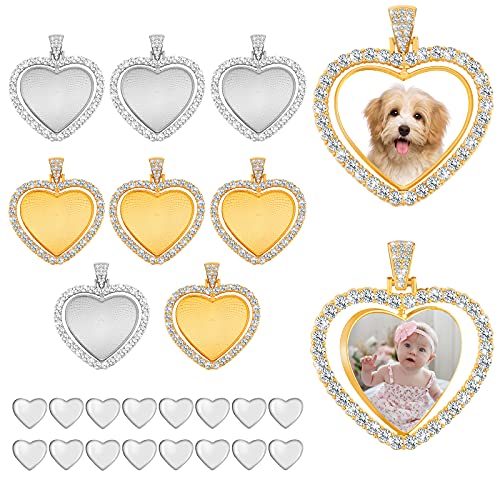 24 Pieces Rhinestone Trays Pendant Trays Set Including 8 Heart Shape Rhinestone Pendant Trays Double-Sided Blank Pendant Charms with 16 Transparent Glass Dome for Photo Pendant ()