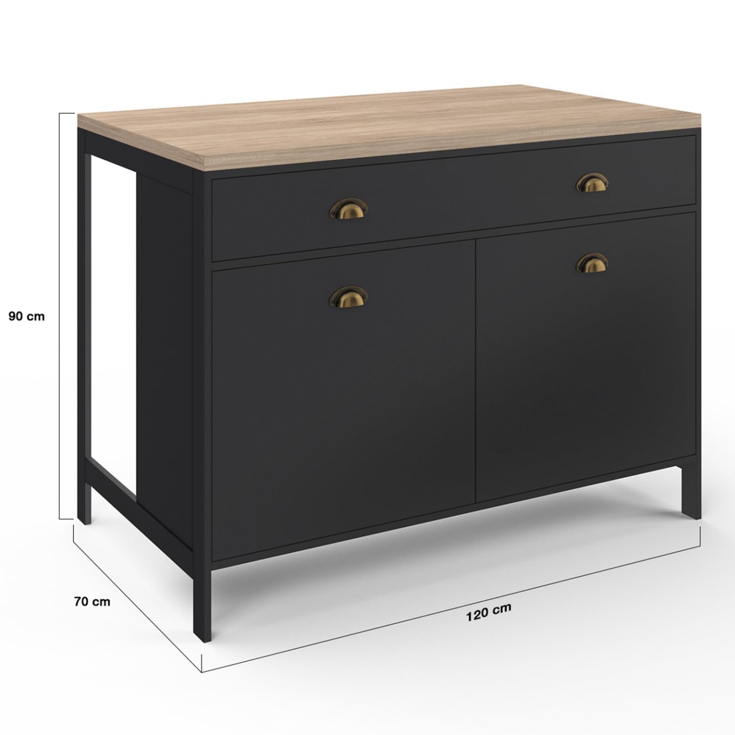 IDMarket - Ilot Central 120 cm Campagne ISIS Plateau Bois façon hêtre et Noir