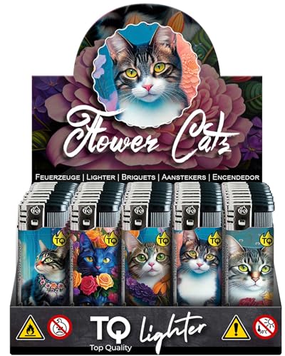 50 Stück Flower Cats Motiv Elektro nachfüllbar Qualitäts- Feuerzeug Elektronik Feuerzeuge auf einem 50 er Display Elektronisch Einstellbare Flamme Lighter