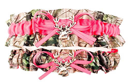 Camouflage Hot Pink Satin Wedding Bridal Garter Set - Deer Head Charm