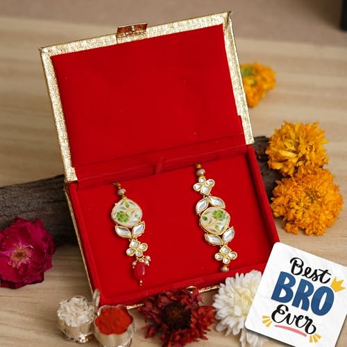Image of eCraftIndia Set of 2 Purple Floral & Pearl Designer Rakhis with Roli Chawal Pack and Best Bro Ever Fridge Magnet