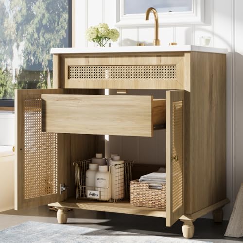 30 Inch Boho Rattan Bathroom Vanity, 30" Solid-Wood MDF Bathroom Vanities Single Resin Sink, 30 Freestanding Vanity Cabinet with Fluted Drawer 2 Soft-Close Doors, Metal Handle, Easy Assembly (Wood)