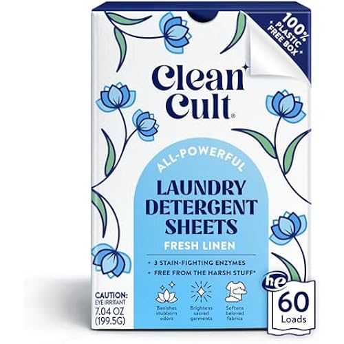 Cleancult Laundry Detergent Sheets - Resealable Box - 3 Stain Fighting Enzymes - Fresh Linen - 60 Loads - Free of Harsh Chemicals - No Mess - No Plastic Waste