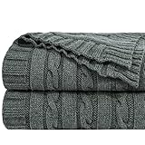 NTBAY 100% Pure Cotton Cable Knit Throw Blanket, Super Soft Warm 51x67 Knitted Throw Blanket for Couch, Sofa, Chair, Bed - Extra Cozy, Machine Washable, Comfortable Home Decor, Grey and White